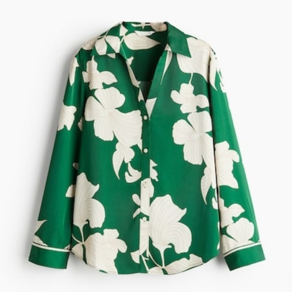 H&m Co-ord Set pajama style shirt × flowy pants floral green ecru BNWT - Picture 4 of 15